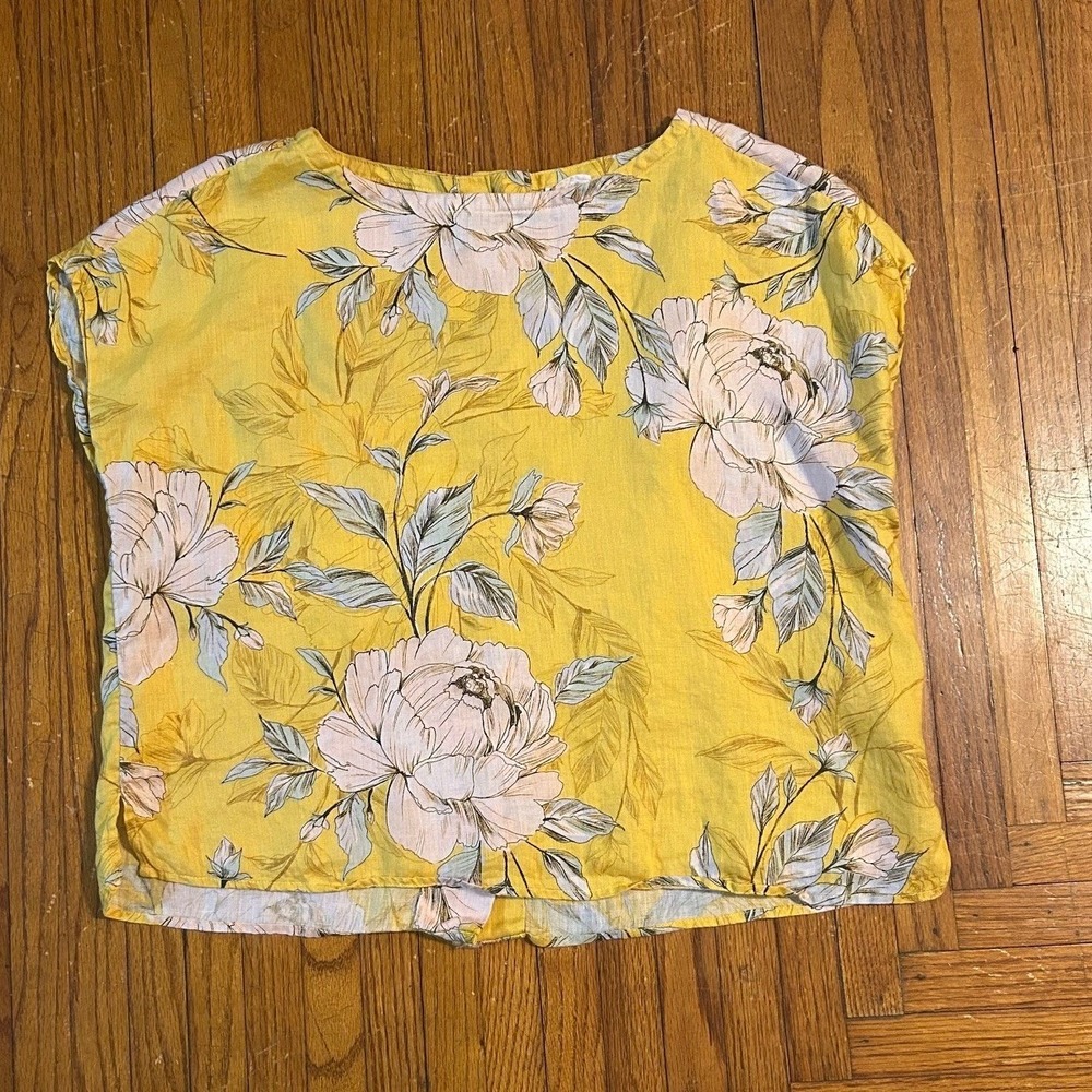 Nicole Miller Yellow Floral 100% Linen Button Back Top XS Cottage Lagenlook Chic - Picture 9 of 10